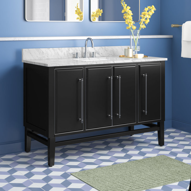 Ensemble de meuble-lavabo simple 49 po avec miroir Ewen, Noir, Argent brossé, Blanc de Carrare