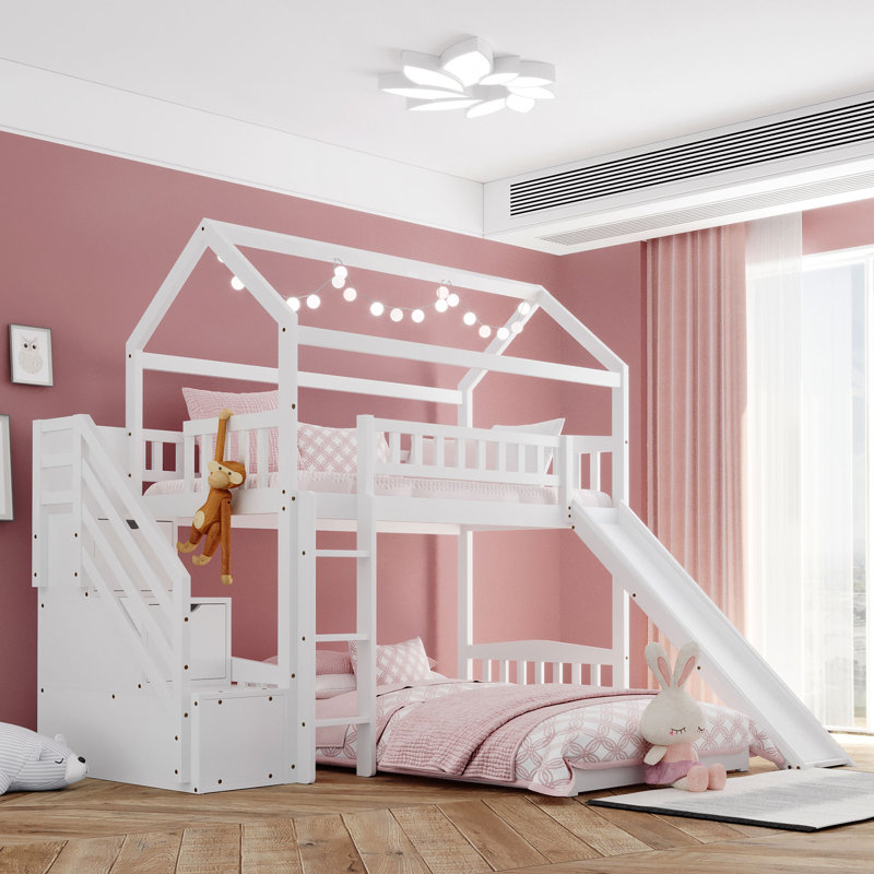 Lit simple superposé au dessus d'un lit double avec glissière et escalier de rangement, Blanc