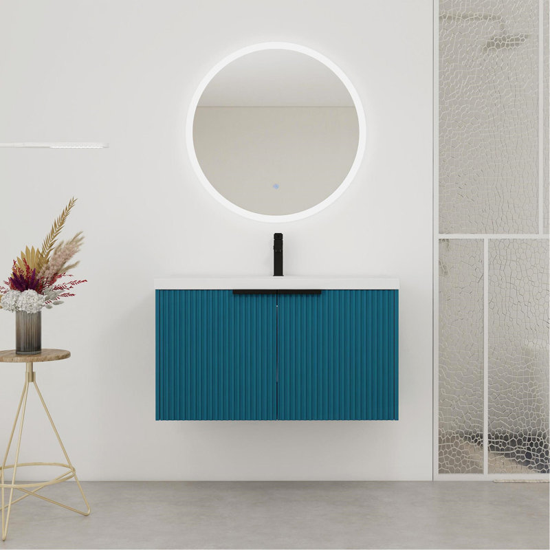 Meuble-lavabo mural 36 po avec lavabo en résine et 2 portes à fermeture en douceur, Bleu lac
