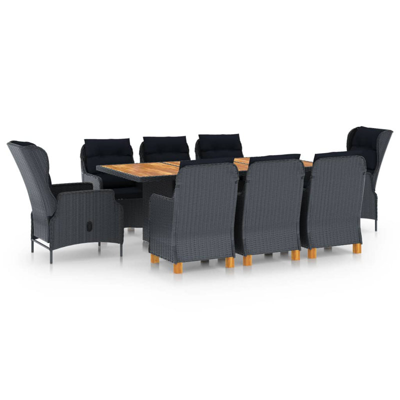 Ensemble repas 9 pièces pour patio avec coussins en rotin de polyester, Brun