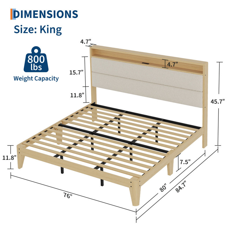 Très grand cadre de lit très grand avec tête de lit et lumières DEL, cadre de lit plateforme tapissier avec station de charge et tablettes de rangement à 2 niveaux, aucun sommier nécessaire, assemblage facile, crème