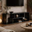 Meuble télé moderne en bois aggloméré noir, console multimédia extensible et personnalisable, centre de divertissement à combinaison libre avec tablettes de rangement ouvertes pour le salon, la chambre à coucher et le bureau