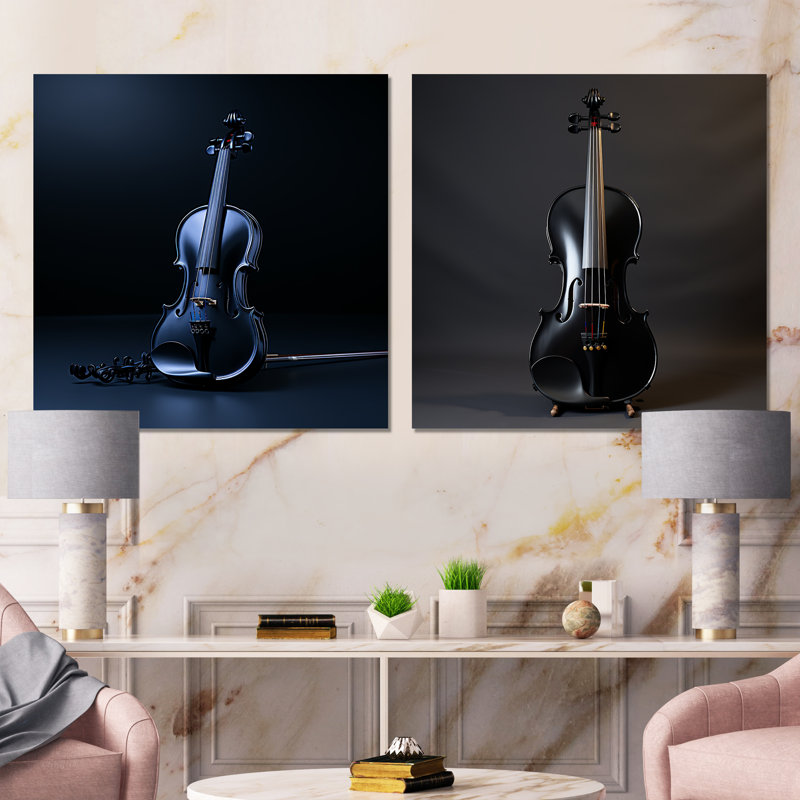 Minimaliste ébène, violon, vibrations I - musique, ensemble de 2 impressions carrées en métal, H 29 po x l 58 po