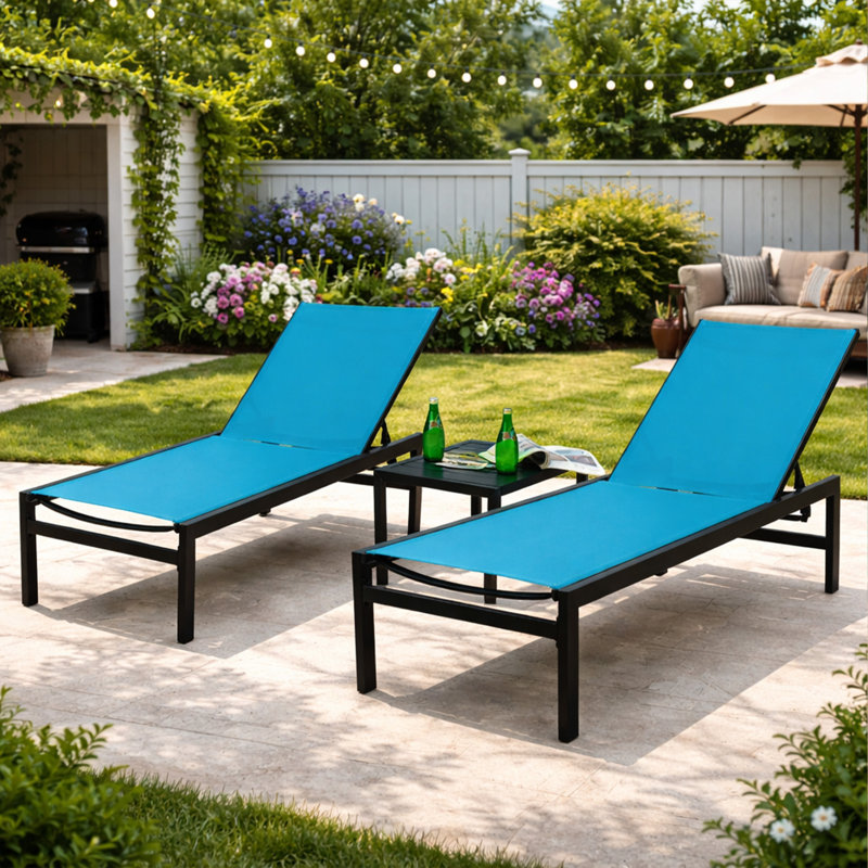 Kozyard 3Pieces Outdoor Chaise Lounge, Aluminum Frame and Textilene Fabric, Adjustable Reclining Patio Lounger for Poolside, Sunbathing & Backyard Blue, 2Chairs with Table