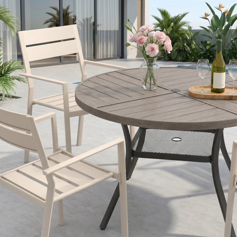 4-Person Round Patio Dining Set With Stackable Chairs, Brush Wood Gray/Sandshell
