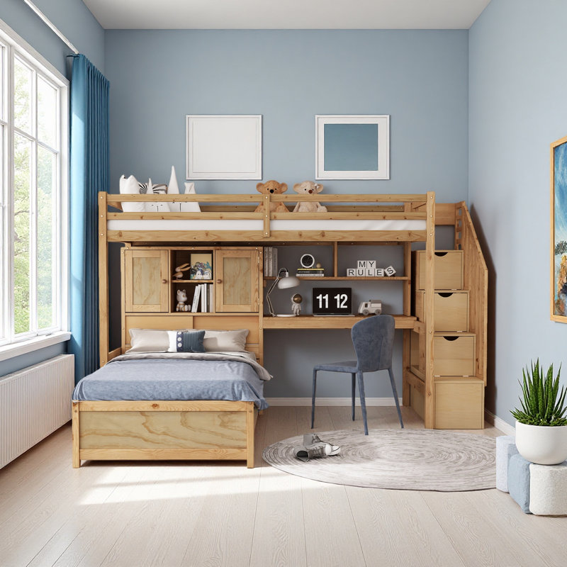 Lit mezzanine simple au-dessus de simple avec bureau intégré et escalier, avec compartiments de rangement et tablettes