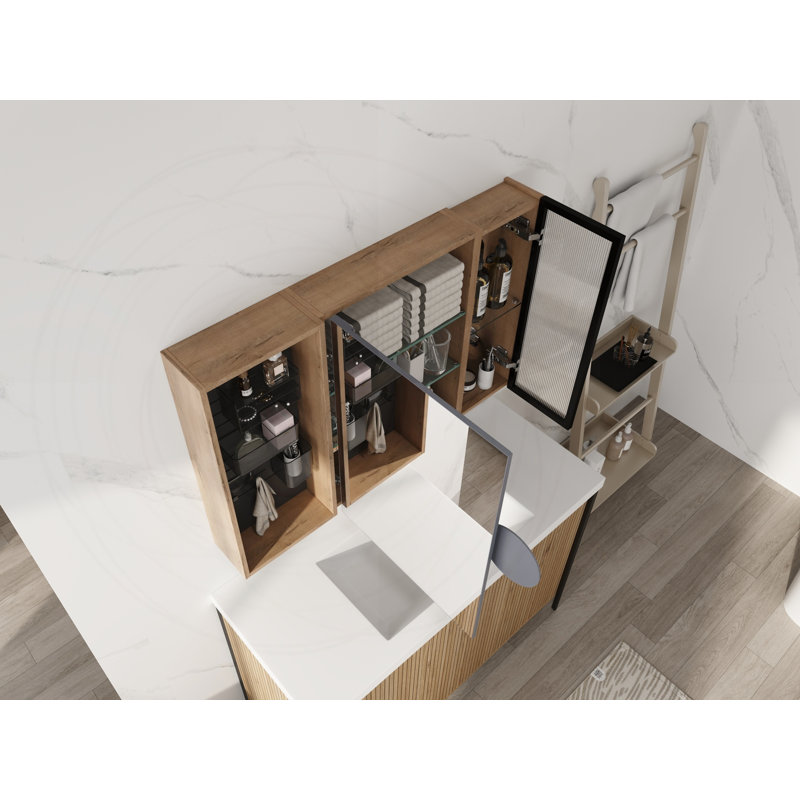 Armoire à miroir de salle de bain 41,7 pouces avec rangement, tablettes en verre réglables et organisateurs de porte