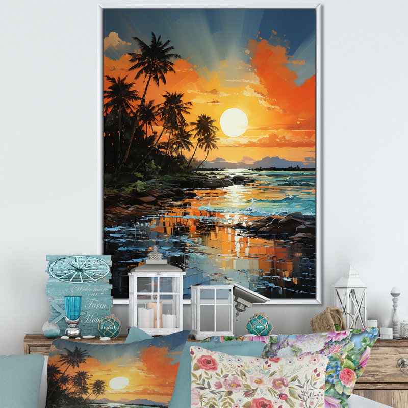 Cabriales, palmiers, lever de soleil II sur toile, H 32 po x l 24 po x P 1 po, Cadre flottant blanc
