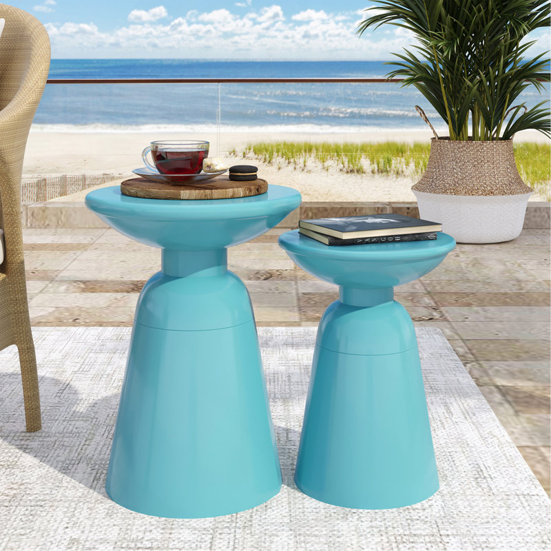 Serenita Outdoor Iron Side Tables With Flared Design, Set Of 2 , Teal, Teal