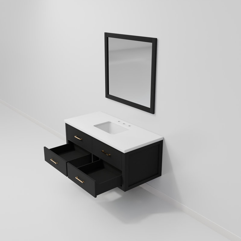 Meuble-lavabo simple l 48 po x P 22 po et miroir 43 po Castor, Noir, Quartz blanc