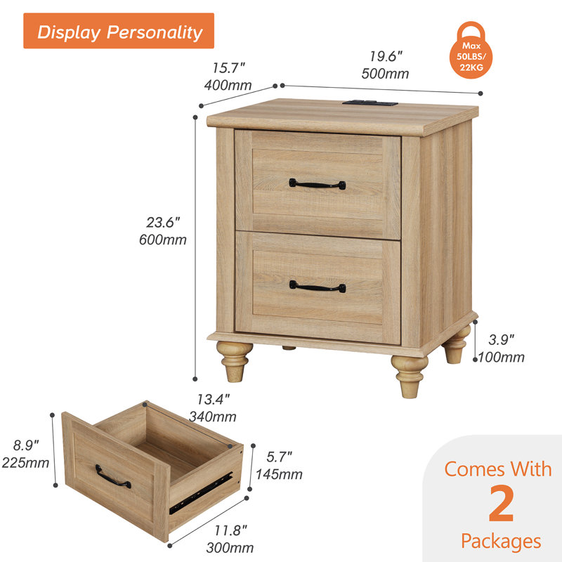Table de chevet avec station de charge pour chambre Corretta, Chêne