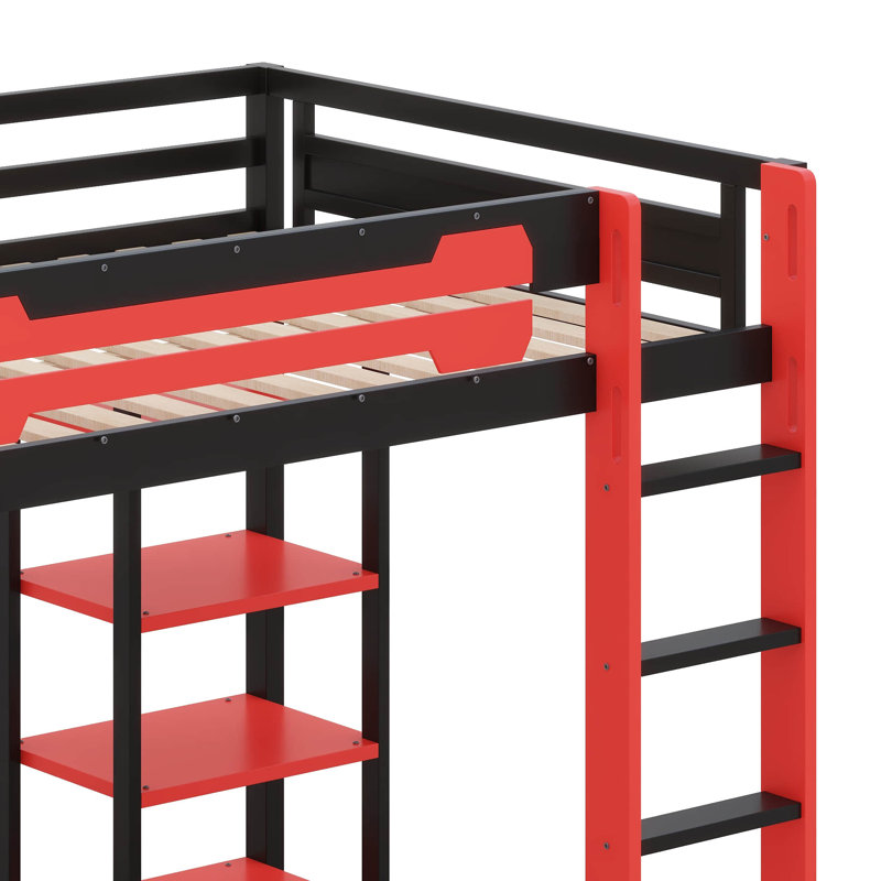 Full Size Wood Loft Bed With Desk RGB Light, Shelves, Black/Red