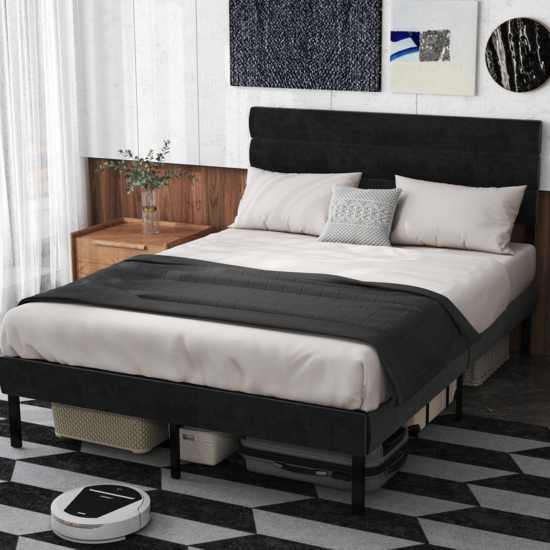 Base de lit tapissier grand format avec tête de lit, aucun sommier requis et espace de rangement spacieux de 14 po, Noir