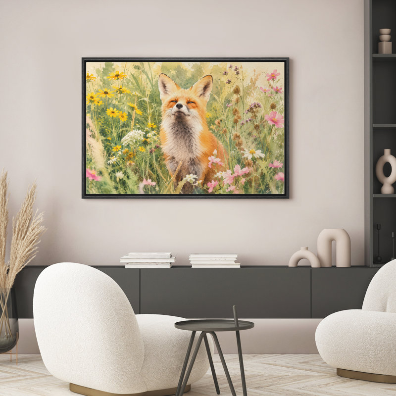 «Fox in Wildflowers», reproduction d'art sur toile encadrée dans la chambre principale, H 16 po x l 24 po x P 1,5 po, Noir