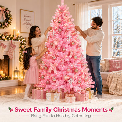 Sapin de Noël artificiel rose de 2,13 m (7 pi) non illuminé, épinette articulée avec branches réalistes, 1000 pointes et support en métal