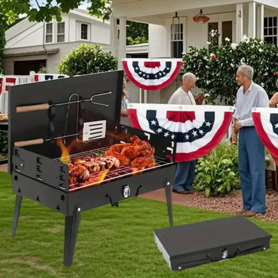 Barbecue portatif au charbon 3 en 1 - Boîte à outils légère pliable pour barbecue