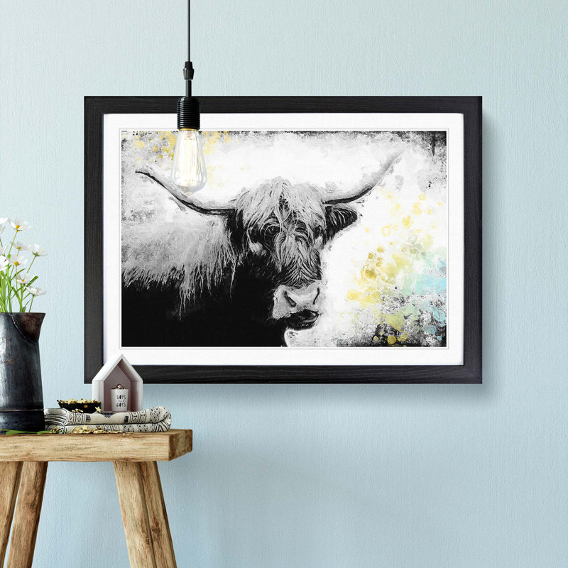 Paint Splattered Highland Cow in Abstract - Framed Print, Black Framed, 48cm H x 65cm W x 2cm D