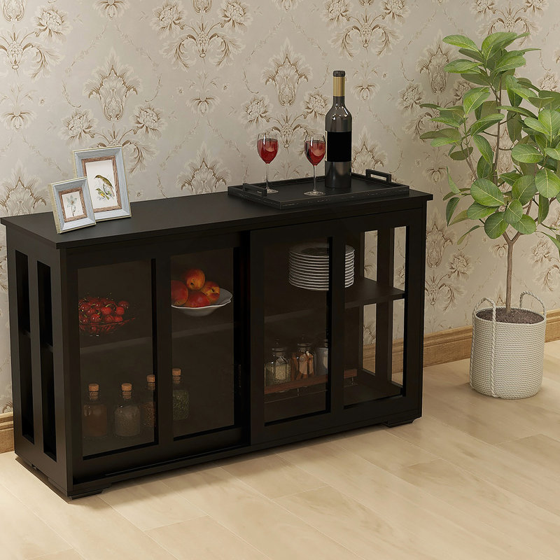 Kitchen Storage Stand Cupboard With Glass Door-Black