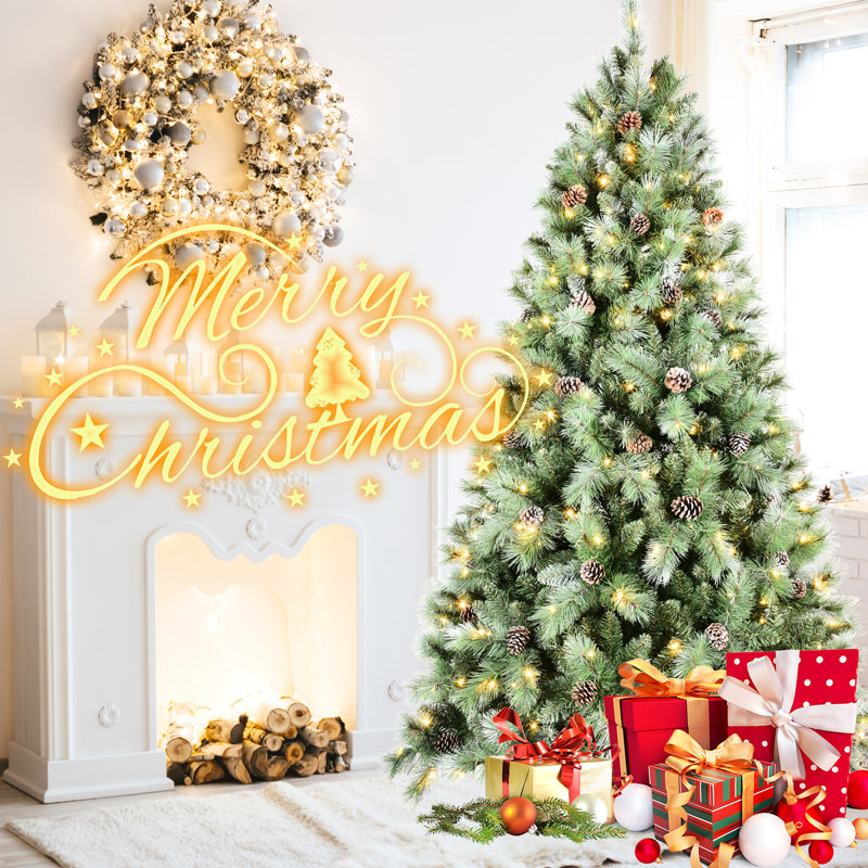 Arbre de Noël réaliste de 5 pi avec 200 lumières à DEL blanc chaud invitant, 694 branches, 51 branches de pin, structure de base, pré-installé et aiguille dure