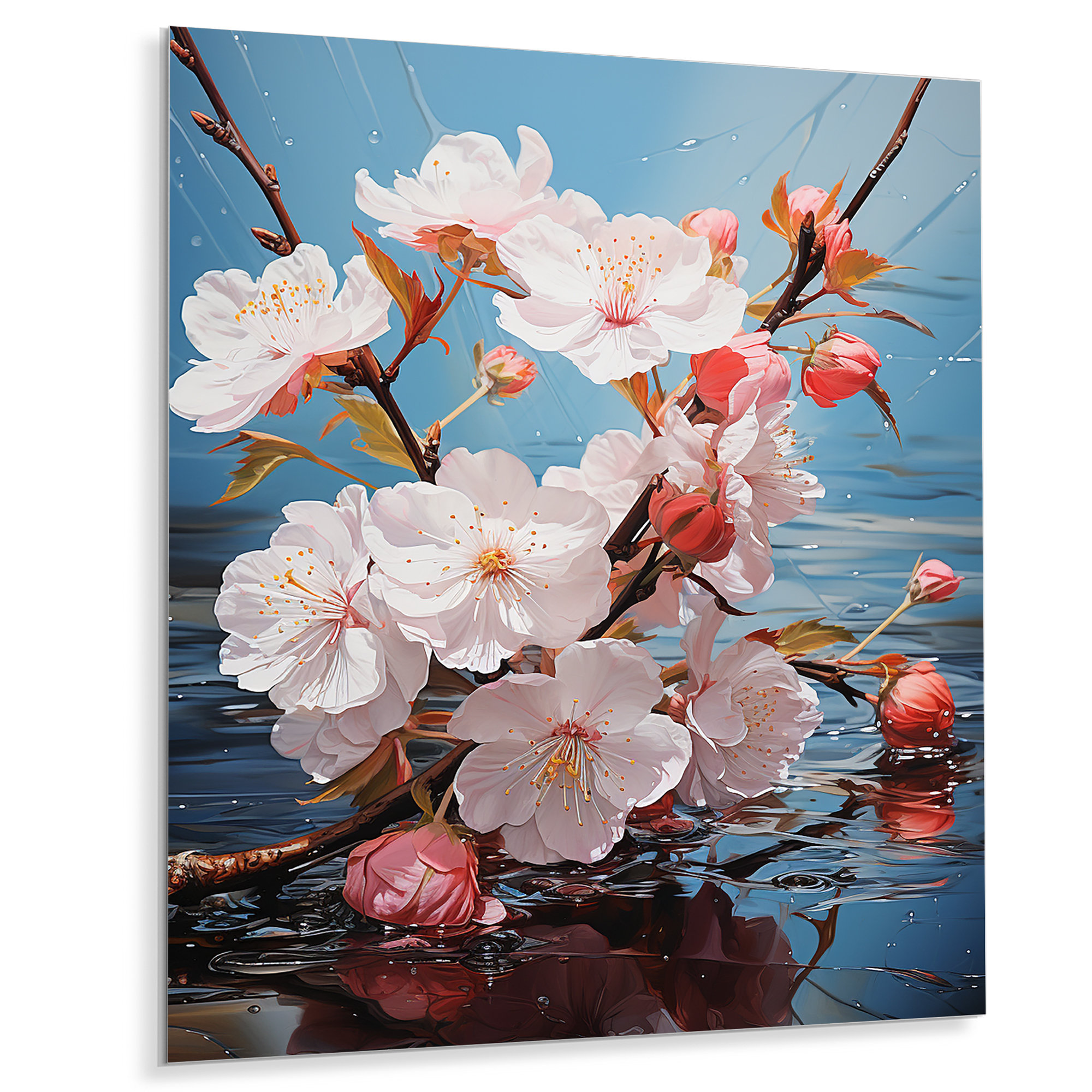 Winston Porter Cherry Blossom White And Blue On Metal Print | Wayfair