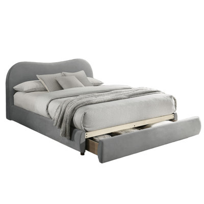 Gray Upholstered Queen Bedframe With Curved Design Headboard And Storage, Engineered Wood Base Boucle Velvet Size Storage Feature, Contemporary