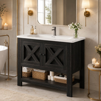 35" W Freestanding Single Bathroom Vanity with Sink, 2 Doors & Open Shelf