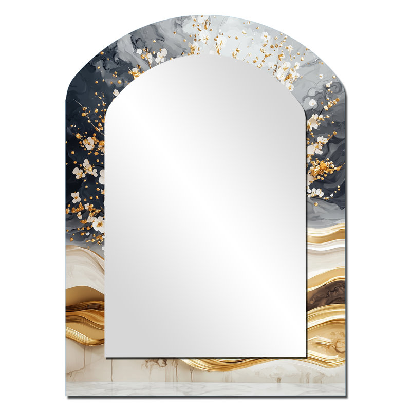 Or et blanc cerisier Silhouette III - miroir mural asymétrique cerisier en fleurs, 34 po x 25 po