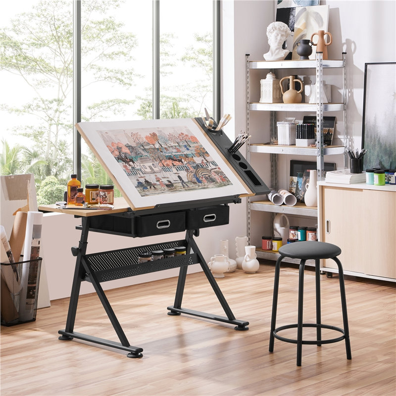 Adjustable Metal Base Drafting Table, 36.5" H x 53.5" W x 24.2" D, Natural