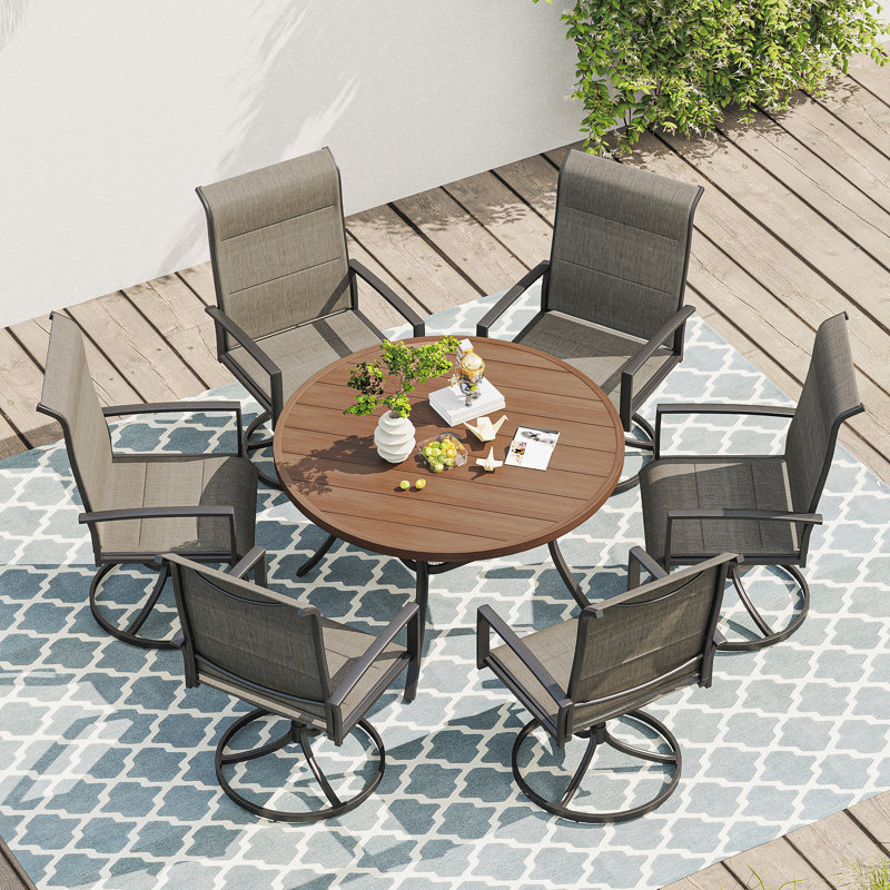 7 Pieces Patio Round Table Outdoor Dining Set, Walnut