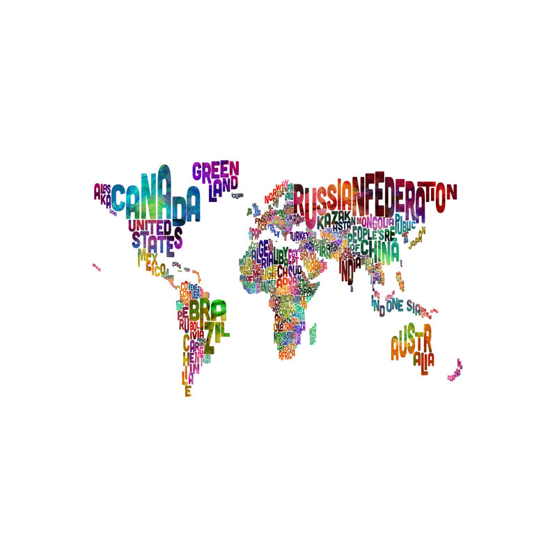 World (Countries) Typographic Map by Michael Tompsett - Print on Canvas, Dark Purple/Blue/Green, Wrapped Canvas
