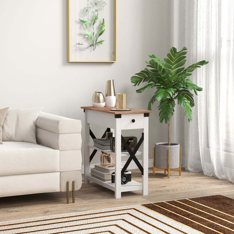 Table d'appoint avec station de charge, table de bout avec 2 ports USB et 1 prise, tablettes de rangement pour le salon