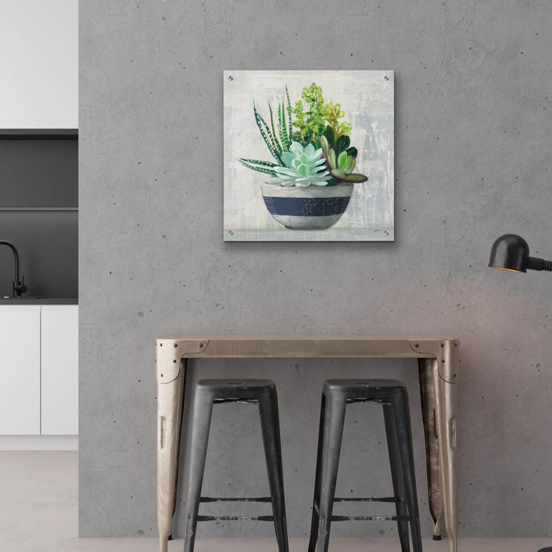 «Succulent Still Life 2 Navy» par Julia Purinton, art mural en verre acrylique, H 24 po x l 24 po x P 0,2 po