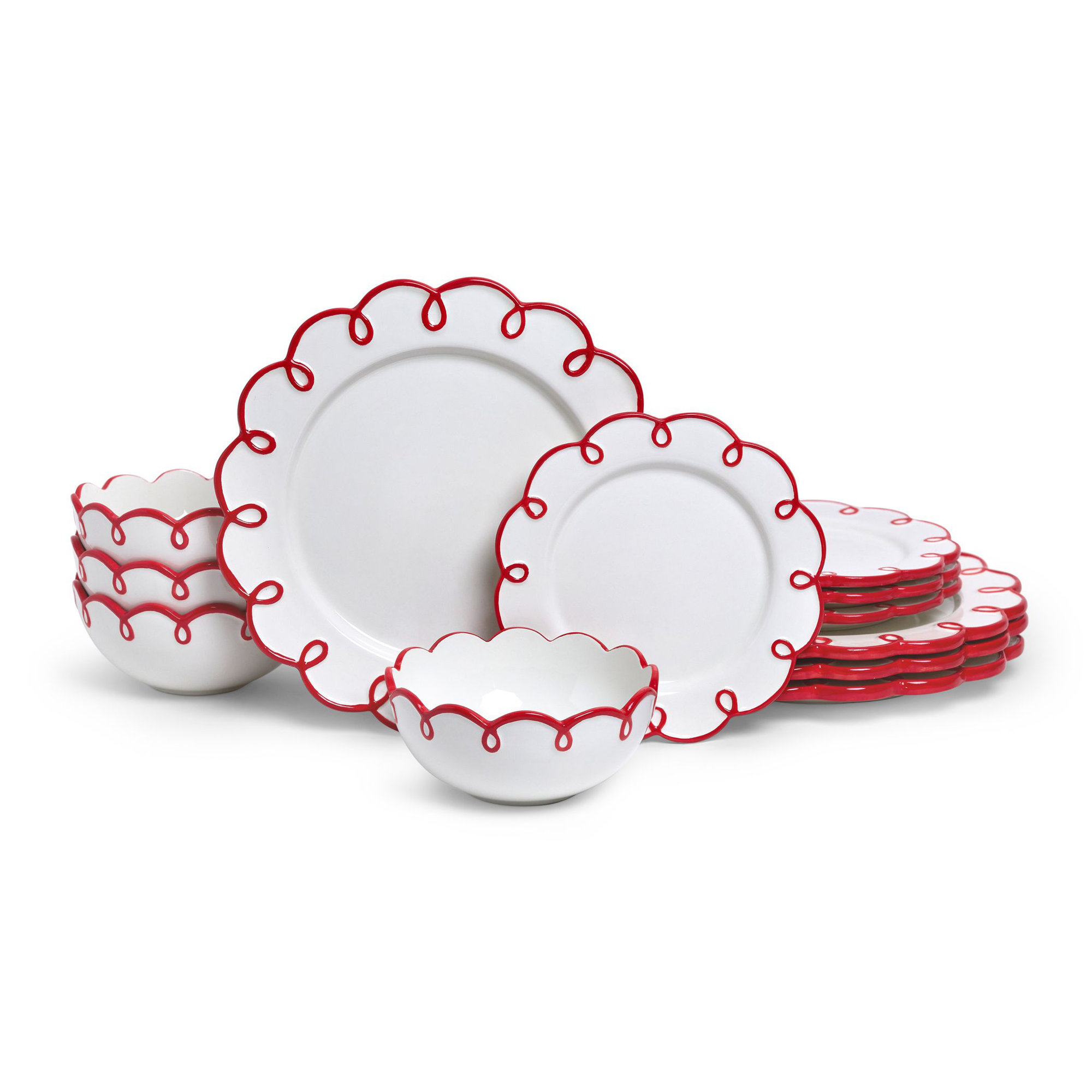 Sango 12-Piece Dolomite Dinnerware Set for 4- Glossy Plates & Bowls with  Scalloped Rims, Dishwasher & Microwave Safe, Premium Holiday Sets, Splash of Cheers