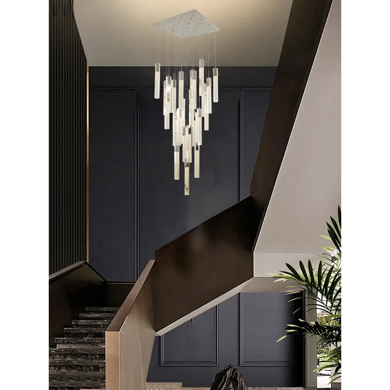 Lustre en métal chromé 25 lumières avec cristaux transparents, Chrome, H 19,6 po x l 27,5 po x P 27,5 po, 25