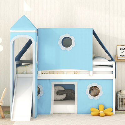 Kids Loft Bed with Slide, Pink Tent and Play Tower, Fun Space-Saving Bed for Bedroom