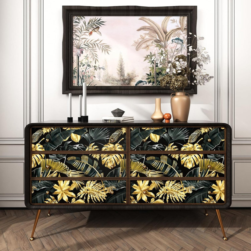Vintage Grey Black Gold Wallpaper Tropical Style Sticky Back Plastic Gold Leaf Jungle Wall Paper 60 X 1000 cm