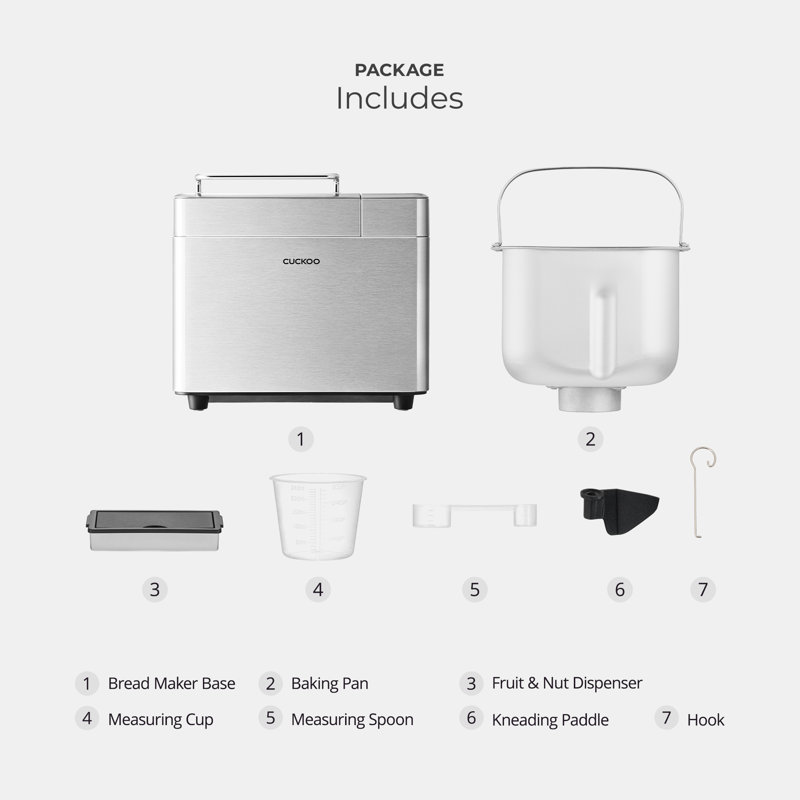 Machine à pain multifonctionnelle de 2 lb avec 17 options de menu, personnalisation de la couleur de la croûte, distributeur automatique de fruits et de noix, 6 accessoires (acier inoxydable) CUCKoo CBM-AAB101S
