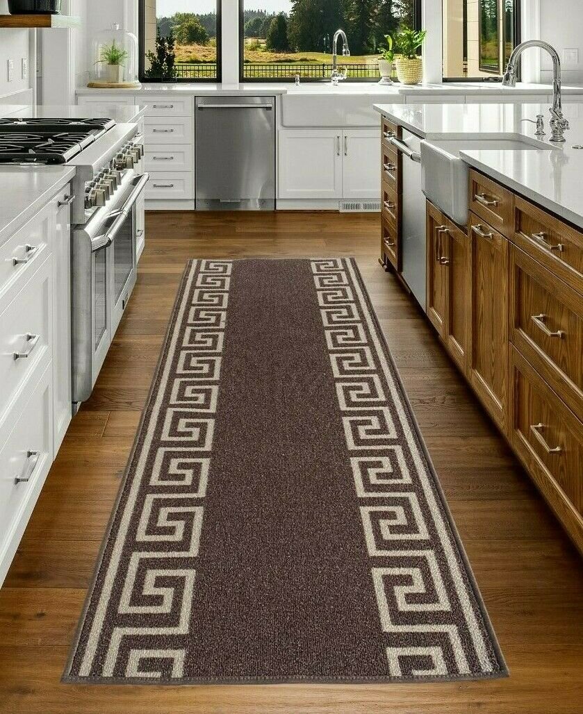 Greek Key Rug Kitchen Mat Brown Beige Non Slip Hallway Runner 