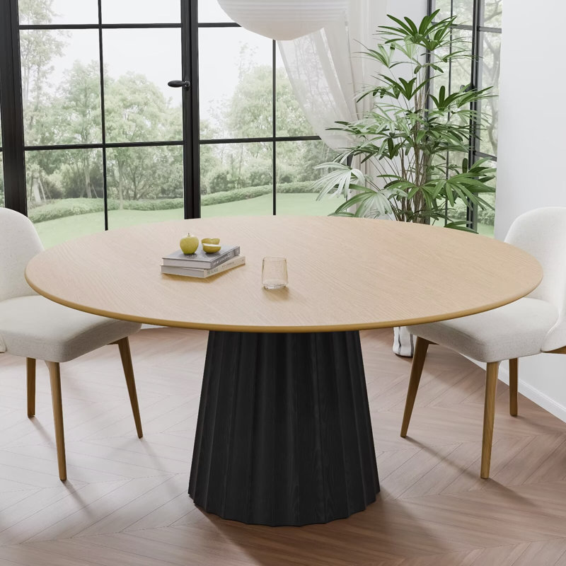 60" Two-tone Round Oak Dining Table with Solid Wood Pedestal Modern Kitchen Table for Living Room Dining Room Seats 8