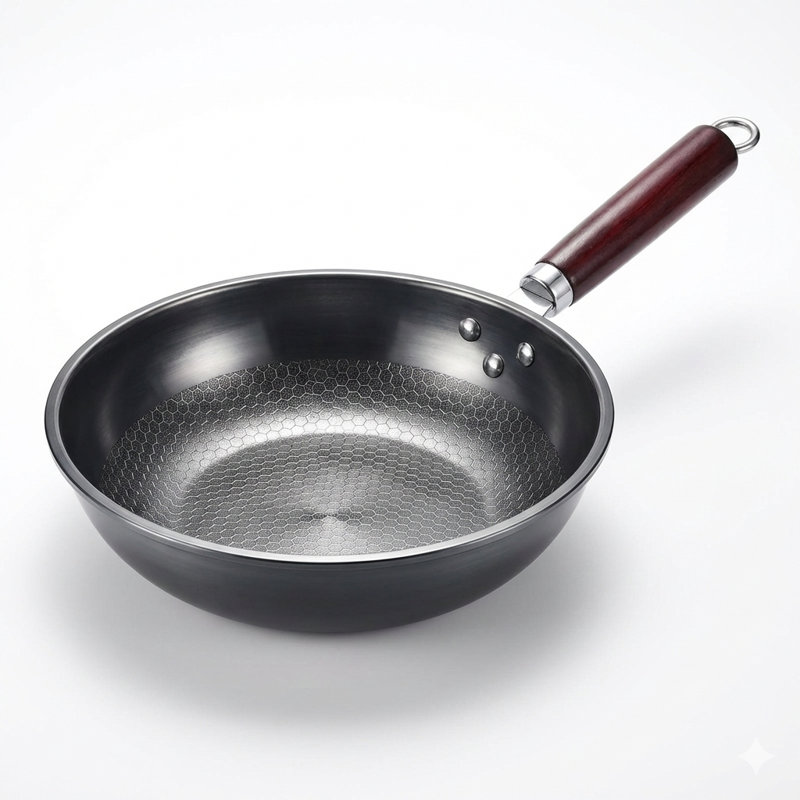 Wok en fer noir avec poignée en bois - 32 cm, 32