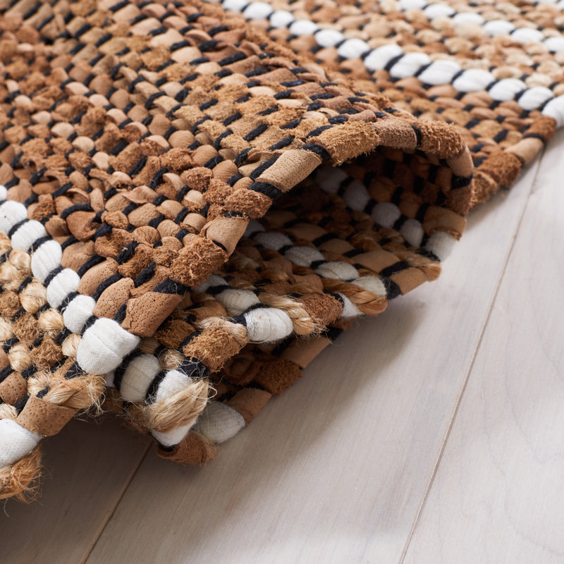 Handmade Brown and Natural Cotton Cowhide Striped Accent Rug