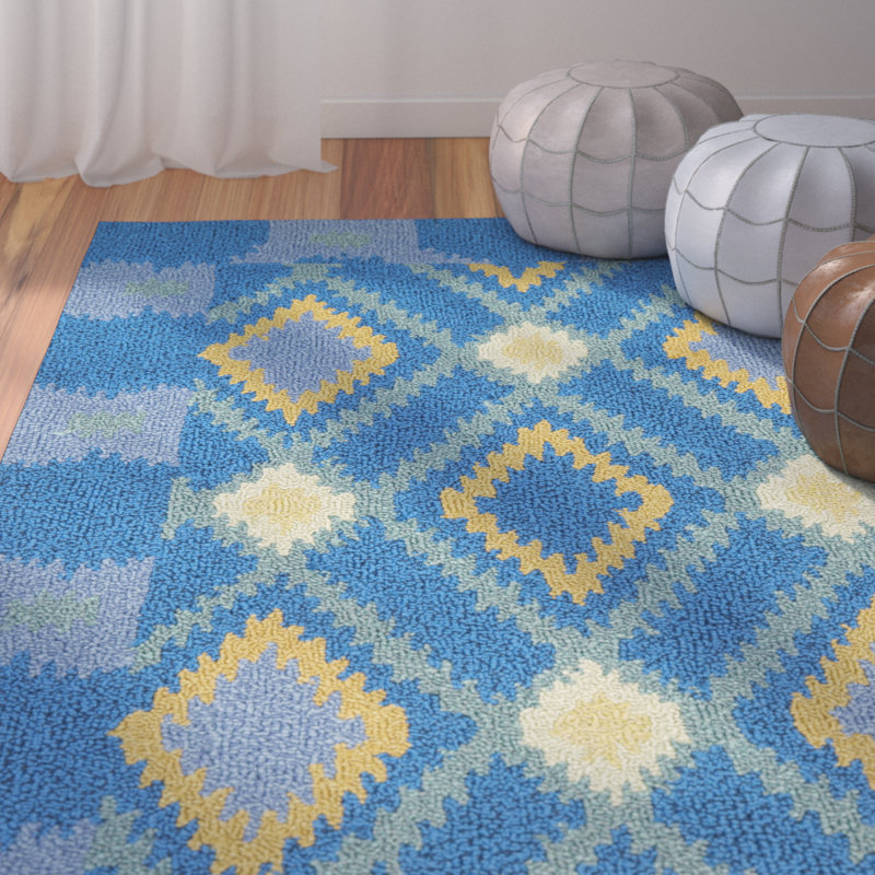 Tapis bleu crocheté à la main Bowden, Rectangle 8 pi x 10 pi