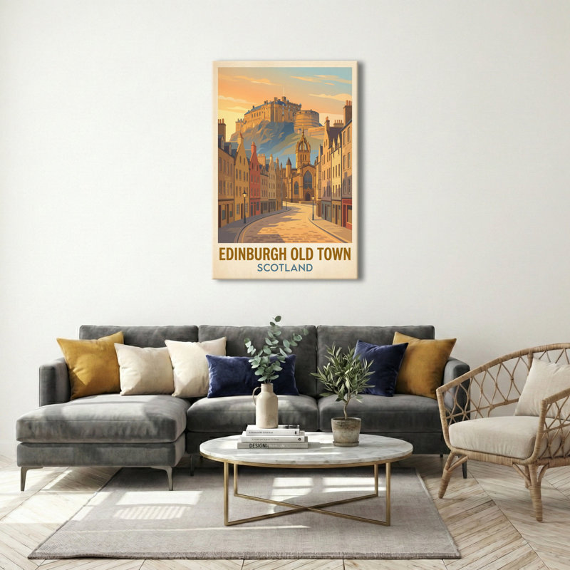 Edinburgh Old Town, Scotland - Golden Castle And Cobbled Streets Travel Poster. Giclee Print On Wrapped Canvas. Wall Art, Home Decor - Cities & Towns, Scotland - Wrapped Canvas Print