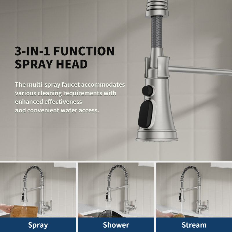 Single-Handle Pull-Down Sprayer Coil Spring High-Arc Kitchen Faucet With Deckplate Sink Faucet In Brushed Nickel