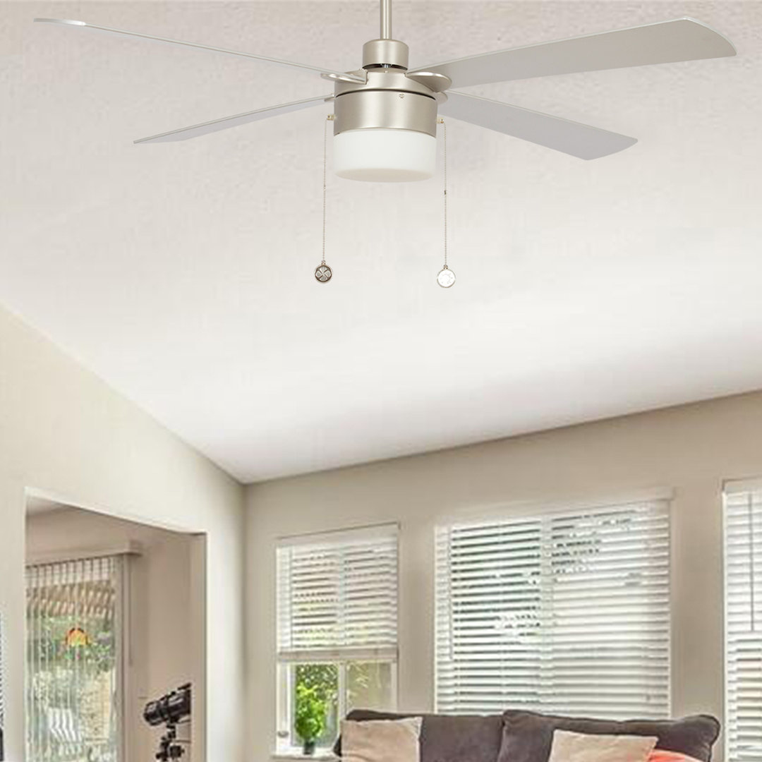 52" Cigdem 4 - Blade  Pull Chain Ceiling Fan with Light Wrought Studio™ Fan Body 