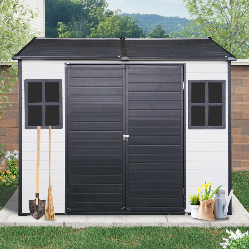 8x6 Resin Outdoor Storage Shed with Floor and 2 Windows Grey White