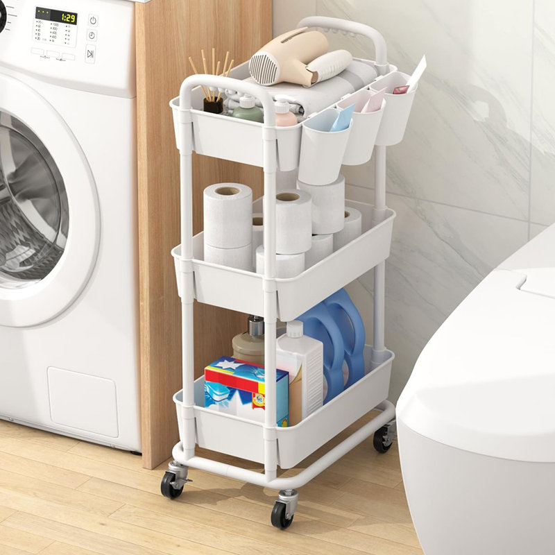 3‑Tier Plastic Utility Rolling Cart with Hanging Cups, Handles and Lockable Wheels
