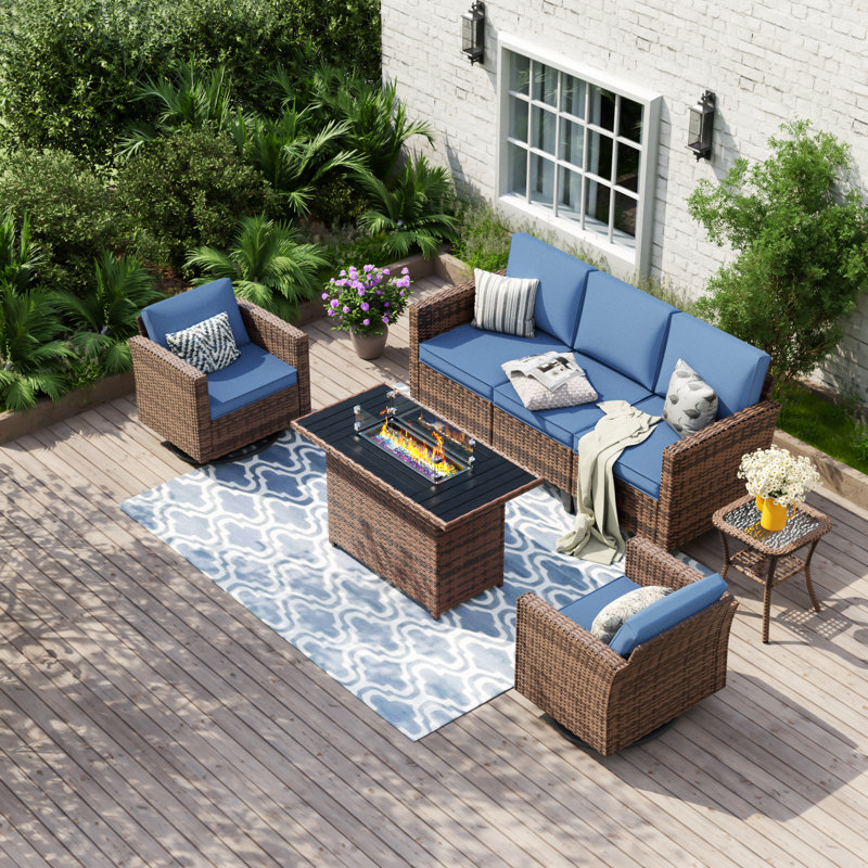Kisner 5 - Person Outdoor Wicker Patio Conversation Set With Fire Pit And Side Table, Navy