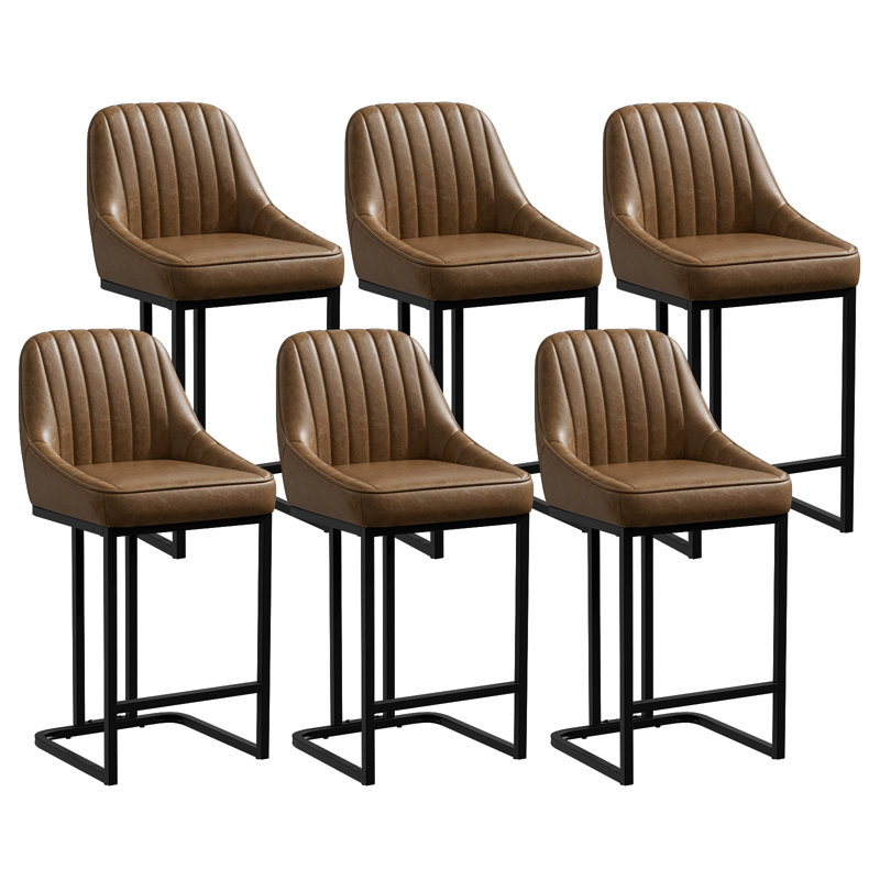 Bar Stools Set of 6, 24 Inch Barstools with Sturdy Legs, Brown Leather Farmhouse Upholstered Counter Height Bar Stool for Kitchen, Dining, Bar