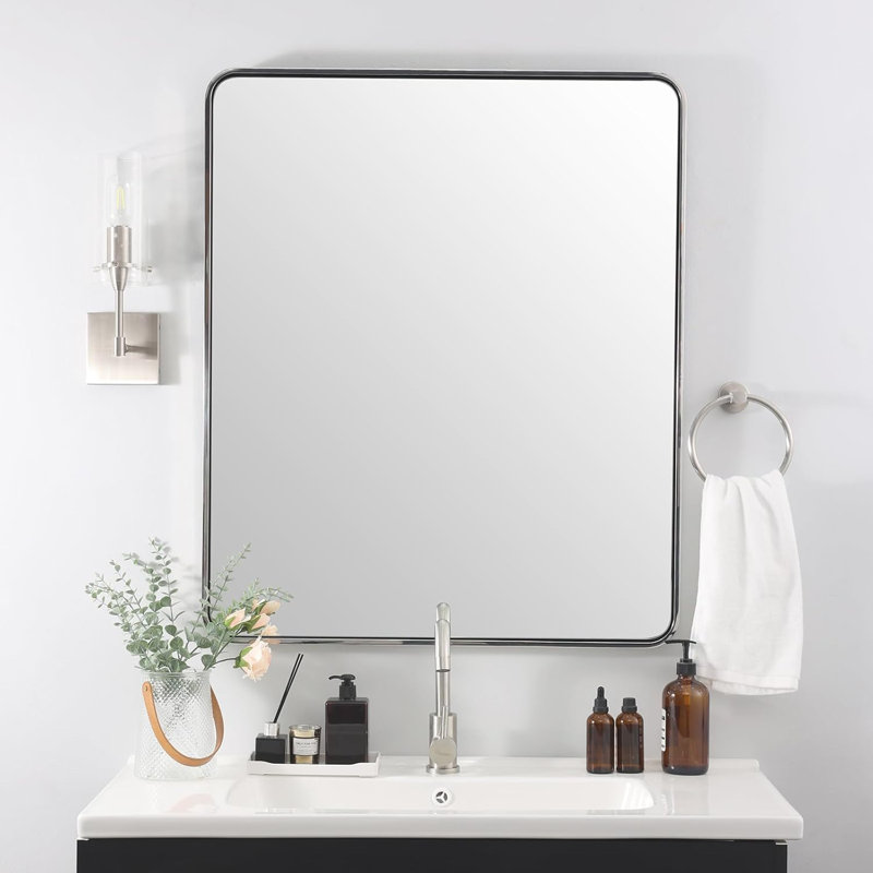 Miroir de salle de bain rectangulaire contemporain | Cadre épais en acier inoxydable, Chrome poli, 40 po x 36 po